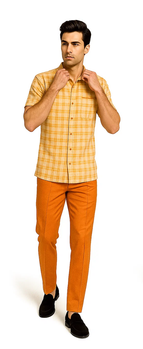 Mens Textured Plaid Walking Suit in orange/cream by Dreams by Zacchi â€“ 2 Piece Leisure Outfit with Matching Shirt and Pant-$99
