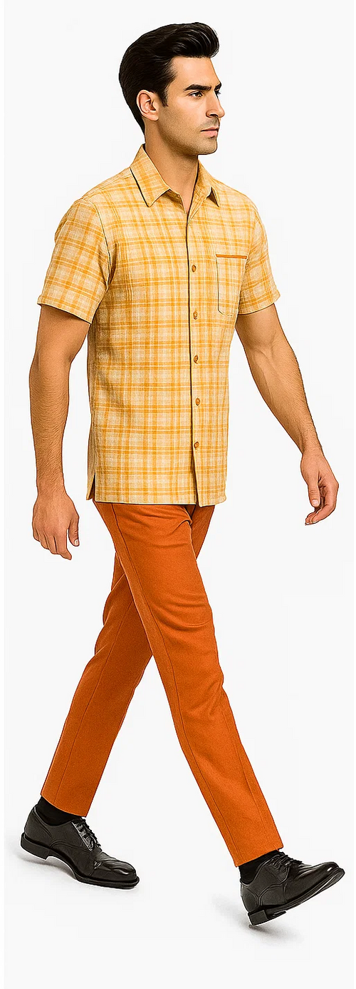 Mens Textured Plaid Walking Suit in orange/cream by Dreams by Zacchi â€“ 2 Piece Leisure Outfit with Matching Shirt and Pant-$99