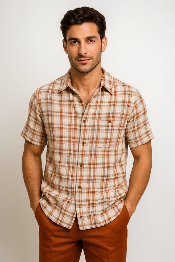 Mens Textured Plaid Walking Suit in papaya/cream by Dreams by Zacchi â€“ 2 Piece Leisure Outfit with Matching Shirt and Pant-$99