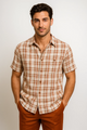 Mens Textured Plaid Walking Suit in papaya/cream by Dreams by Zacchi – 2 Piece Leisure Outfit with Matching Shirt and Pant-$99