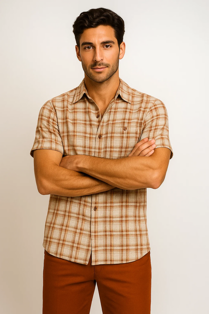 Mens Textured Plaid Walking Suit in papaya/cream by Dreams by Zacchi â€“ 2 Piece Leisure Outfit with Matching Shirt and Pant-$99