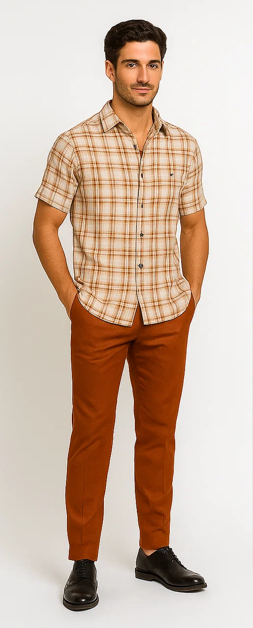 Mens Textured Plaid Walking Suit in papaya/cream by Dreams by Zacchi â€“ 2 Piece Leisure Outfit with Matching Shirt and Pant-$99