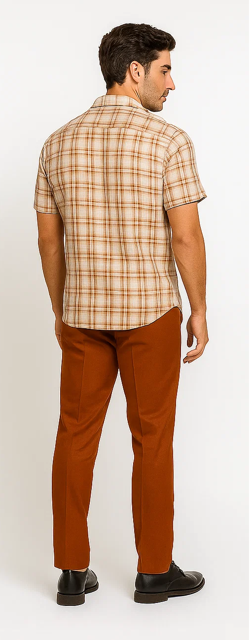 Mens Textured Plaid Walking Suit in papaya/cream by Dreams by Zacchi â€“ 2 Piece Leisure Outfit with Matching Shirt and Pant-$99