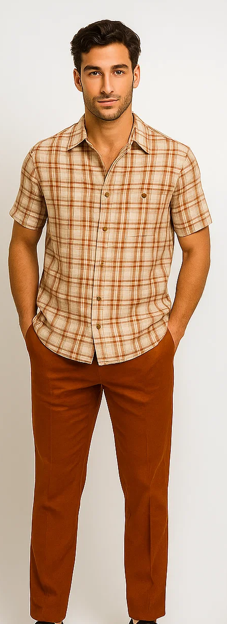 Mens Textured Plaid Walking Suit in papaya/cream by Dreams by Zacchi – 2 Piece Leisure Outfit with Matching Shirt and Pant-$99 - S/30
