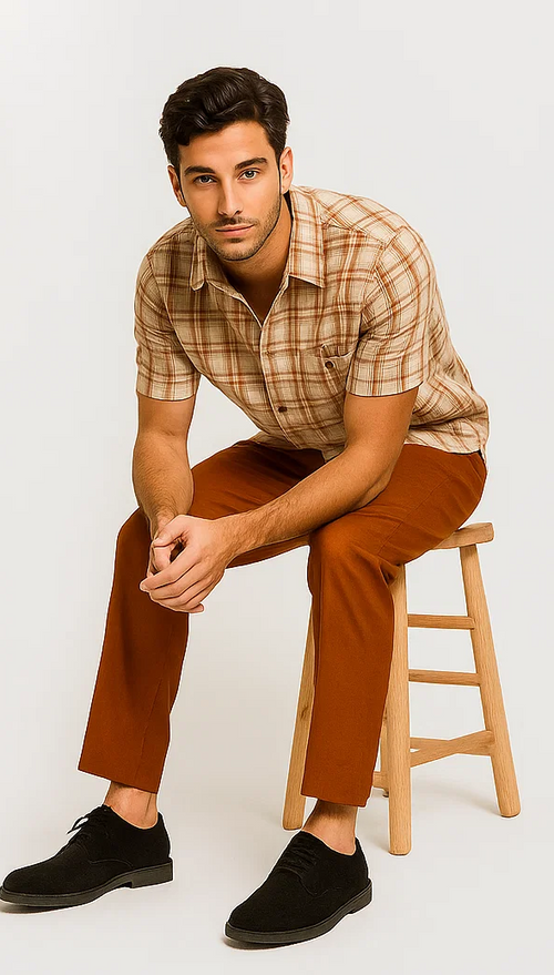 Mens Textured Plaid Walking Suit in papaya/cream by Dreams by Zacchi â€“ 2 Piece Leisure Outfit with Matching Shirt and Pant-$99