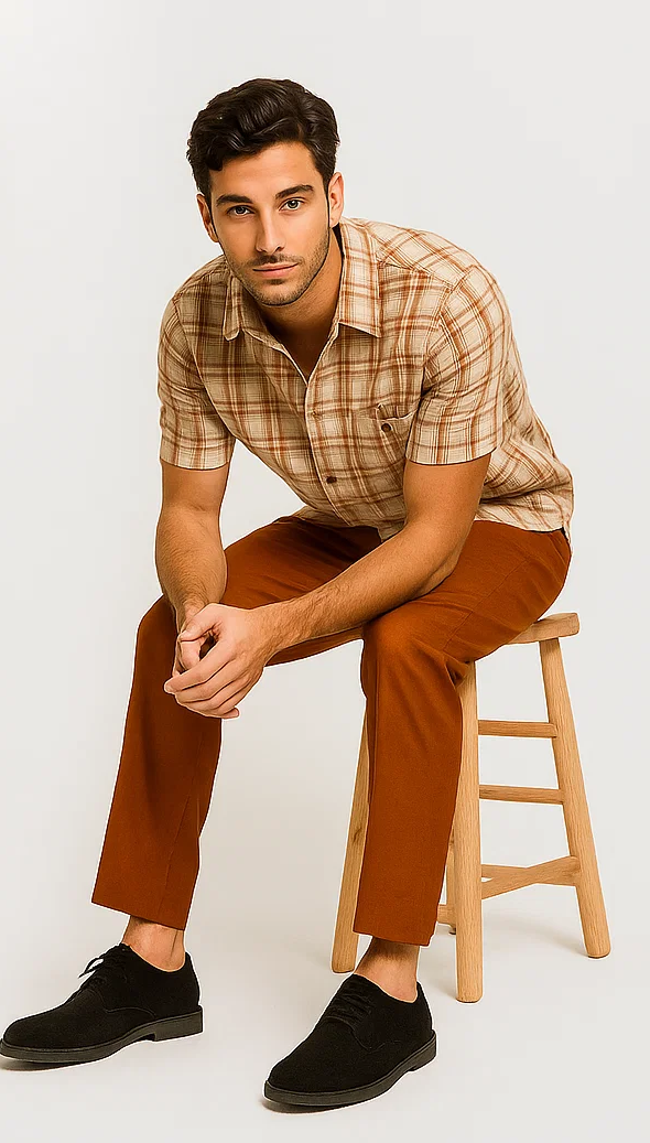 Mens Textured Plaid Walking Suit in papaya/cream by Dreams by Zacchi â€“ 2 Piece Leisure Outfit with Matching Shirt and Pant-$99