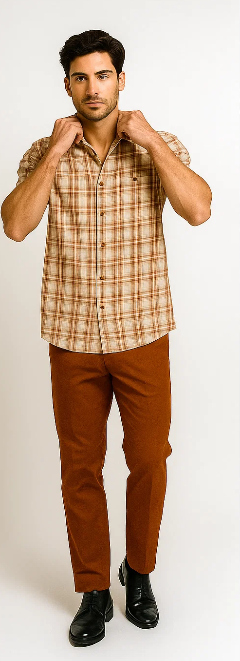 Mens Textured Plaid Walking Suit in papaya/cream by Dreams by Zacchi â€“ 2 Piece Leisure Outfit with Matching Shirt and Pant-$99