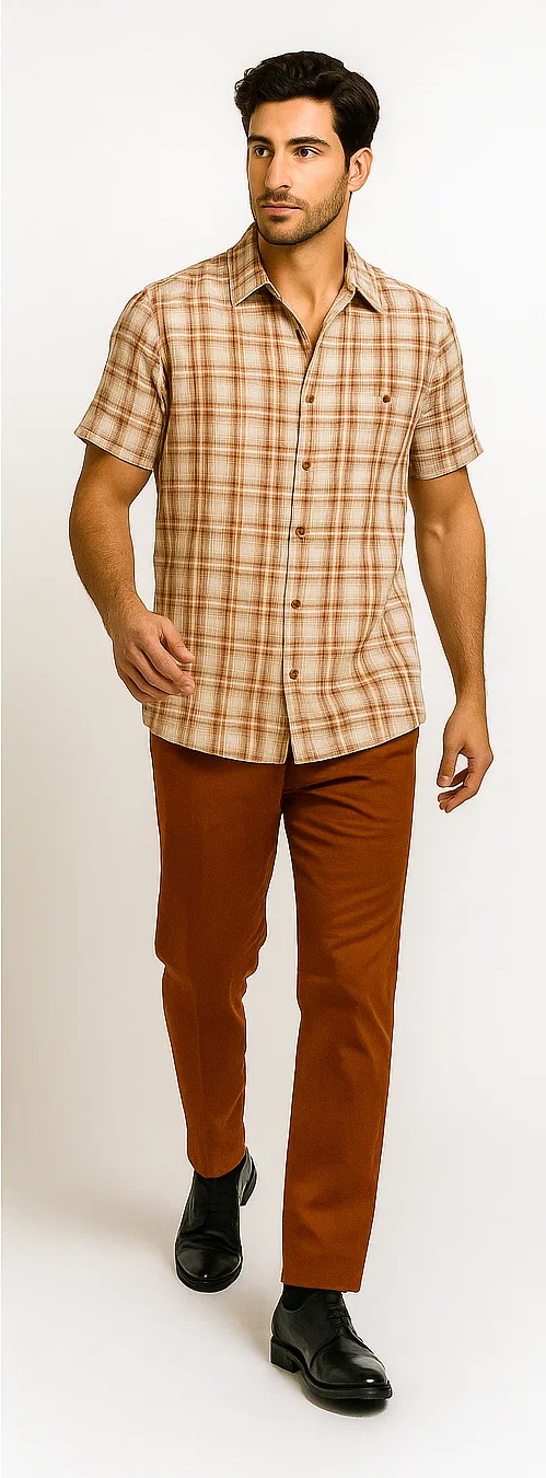 Mens Textured Plaid Walking Suit in papaya/cream by Dreams by Zacchi â€“ 2 Piece Leisure Outfit with Matching Shirt and Pant-$99