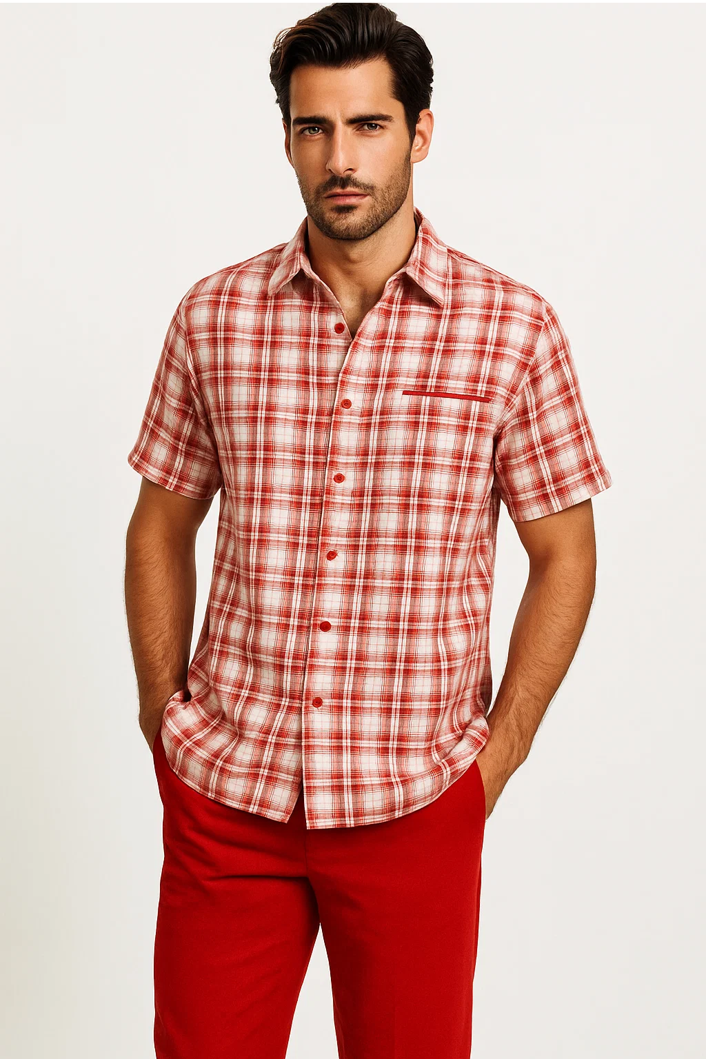 Mens Textured Plaid Walking Suit in red/off white by Dreams by Zacchi â€“ 2 Piece Leisure Outfit with Matching Shirt and Pant-$99