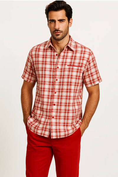 Mens Textured Plaid Walking Suit in red/off white by Dreams by Zacchi â€“ 2 Piece Leisure Outfit with Matching Shirt and Pant-$99