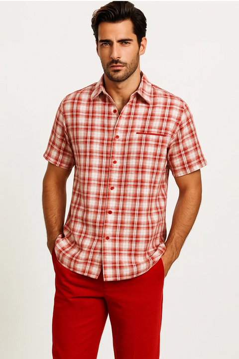 Mens Textured Plaid Walking Suit in red/off white by Dreams by Zacchi – 2 Piece Leisure Outfit with Matching Shirt and Pant-$99