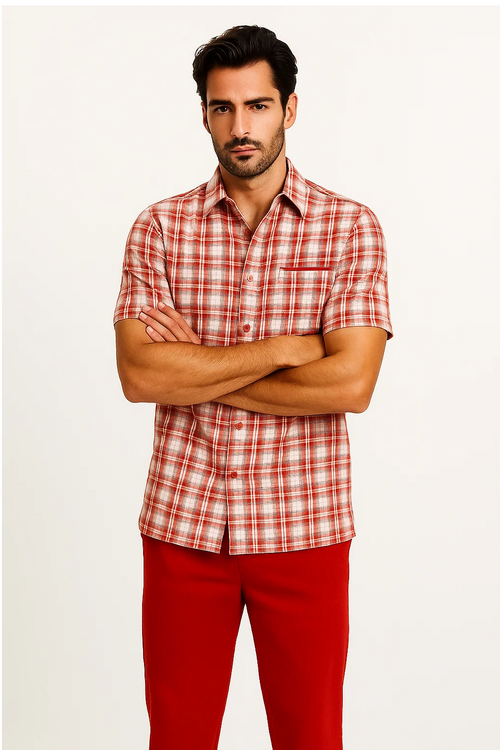 Mens Textured Plaid Walking Suit in red/off white by Dreams by Zacchi â€“ 2 Piece Leisure Outfit with Matching Shirt and Pant-$99