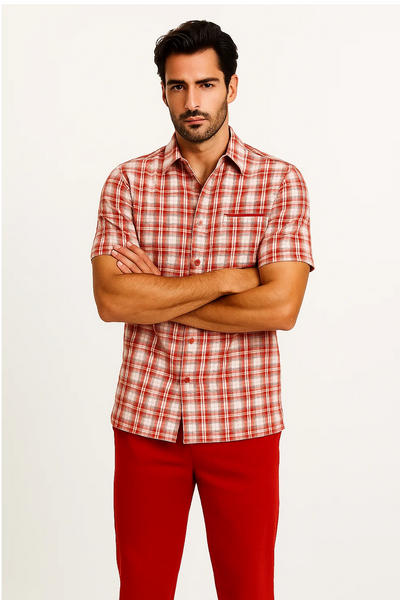 Mens Textured Plaid Walking Suit in red/off white by Dreams by Zacchi â€“ 2 Piece Leisure Outfit with Matching Shirt and Pant-$99