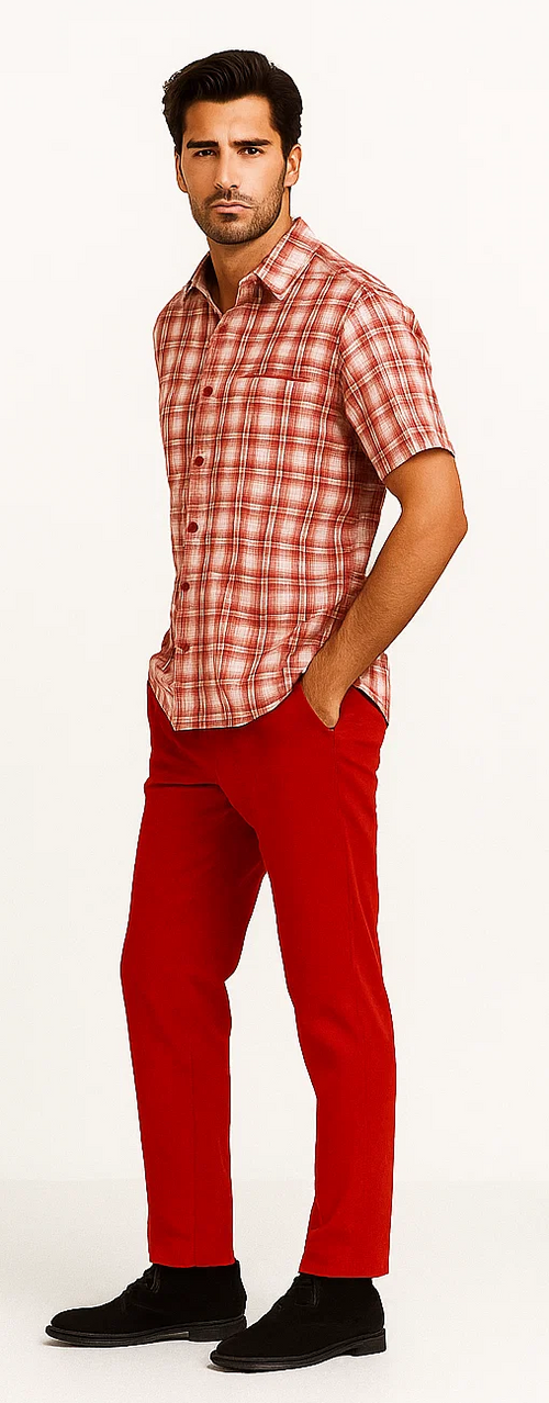 Mens Textured Plaid Walking Suit in red/off white by Dreams by Zacchi â€“ 2 Piece Leisure Outfit with Matching Shirt and Pant-$99