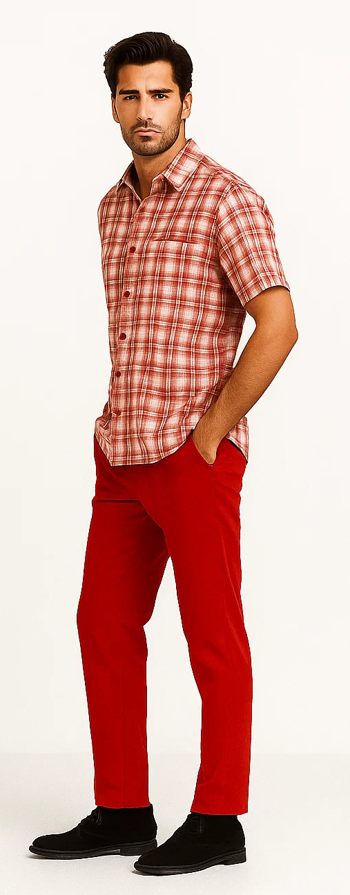 Mens Textured Plaid Walking Suit in red/off white by Dreams by Zacchi – 2 Piece Leisure Outfit with Matching Shirt and Pant-$99 - S/30