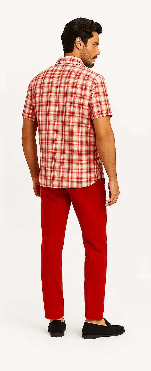 Mens Textured Plaid Walking Suit in red/off white by Dreams by Zacchi â€“ 2 Piece Leisure Outfit with Matching Shirt and Pant-$99