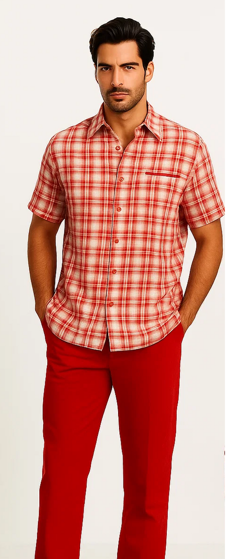 Mens Textured Plaid Walking Suit in red/off white by Dreams by Zacchi â€“ 2 Piece Leisure Outfit with Matching Shirt and Pant-$99