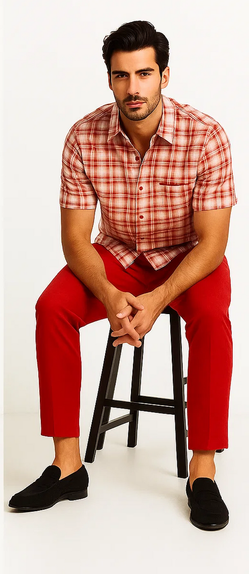 Mens Textured Plaid Walking Suit in red/off white by Dreams by Zacchi â€“ 2 Piece Leisure Outfit with Matching Shirt and Pant-$99