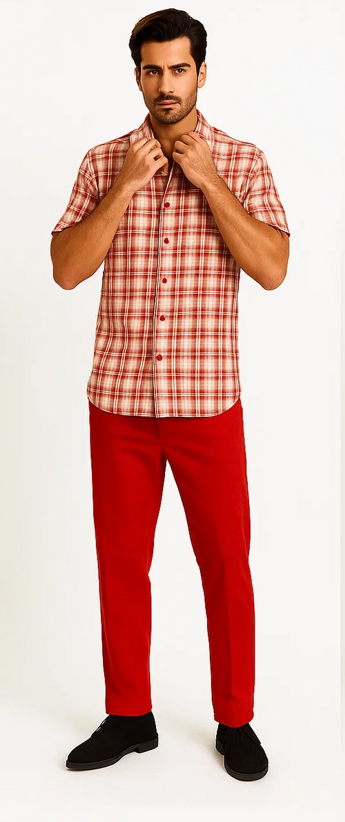 Mens Textured Plaid Walking Suit in red/off white by Dreams by Zacchi â€“ 2 Piece Leisure Outfit with Matching Shirt and Pant-$99