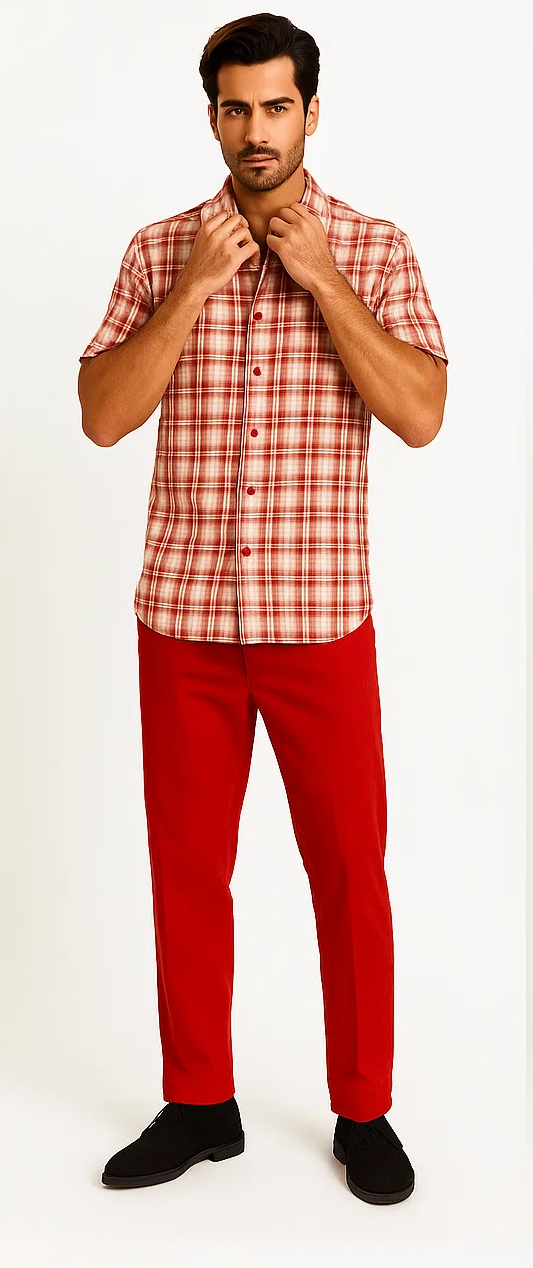 Mens Textured Plaid Walking Suit in red/off white by Dreams by Zacchi â€“ 2 Piece Leisure Outfit with Matching Shirt and Pant-$99