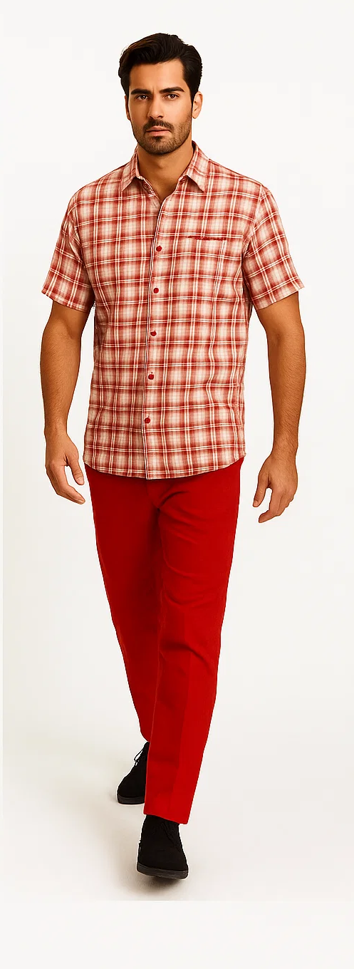 Mens Textured Plaid Walking Suit in red/off white by Dreams by Zacchi â€“ 2 Piece Leisure Outfit with Matching Shirt and Pant-$99
