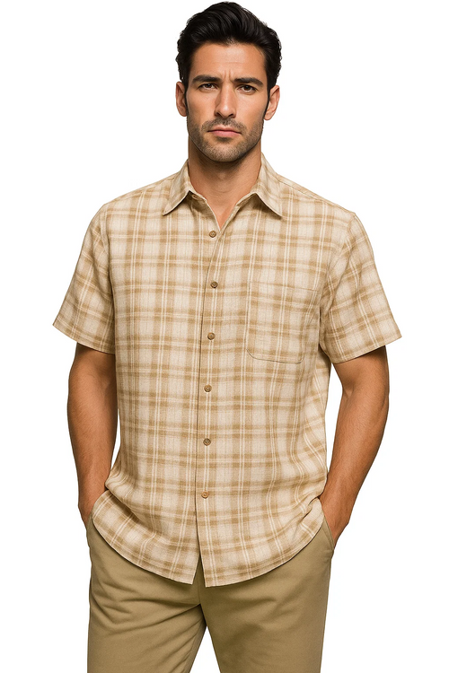 Mens Textured Plaid Walking Suit in Tan/cream by Dreams by Zacchi â€“ 2 Piece Leisure Outfit with Matching Shirt and Pants - $99