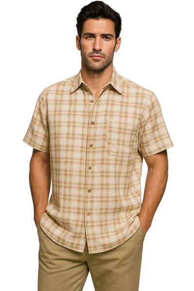 Mens Textured Plaid Walking Suit in Tan/cream by Dreams by Zacchi â€“ 2 Piece Leisure Outfit with Matching Shirt and Pants - $99