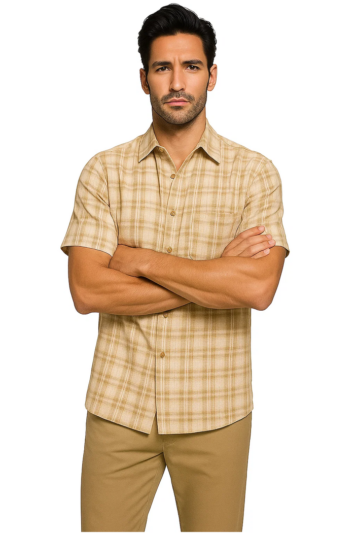 Mens Textured Plaid Walking Suit in Tan/cream by Dreams by Zacchi â€“ 2 Piece Leisure Outfit with Matching Shirt and Pants - $99