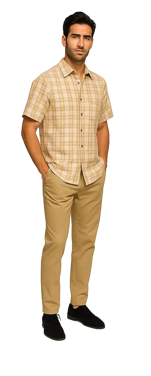 Mens Textured Plaid Walking Suit in Tan/cream by Dreams by Zacchi â€“ 2 Piece Leisure Outfit with Matching Shirt and Pants - $99