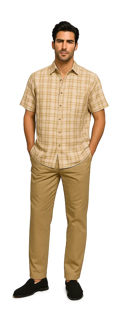 Mens Textured Plaid Walking Suit in Tan/cream by Dreams by Zacchi â€“ 2 Piece Leisure Outfit with Matching Shirt and Pants - $99