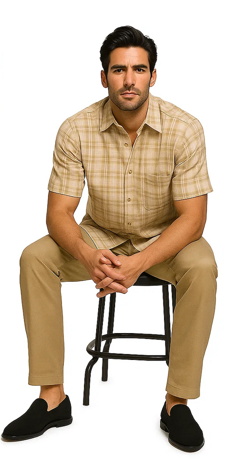 Mens Textured Plaid Walking Suit in Tan/cream by Dreams by Zacchi â€“ 2 Piece Leisure Outfit with Matching Shirt and Pants - $99
