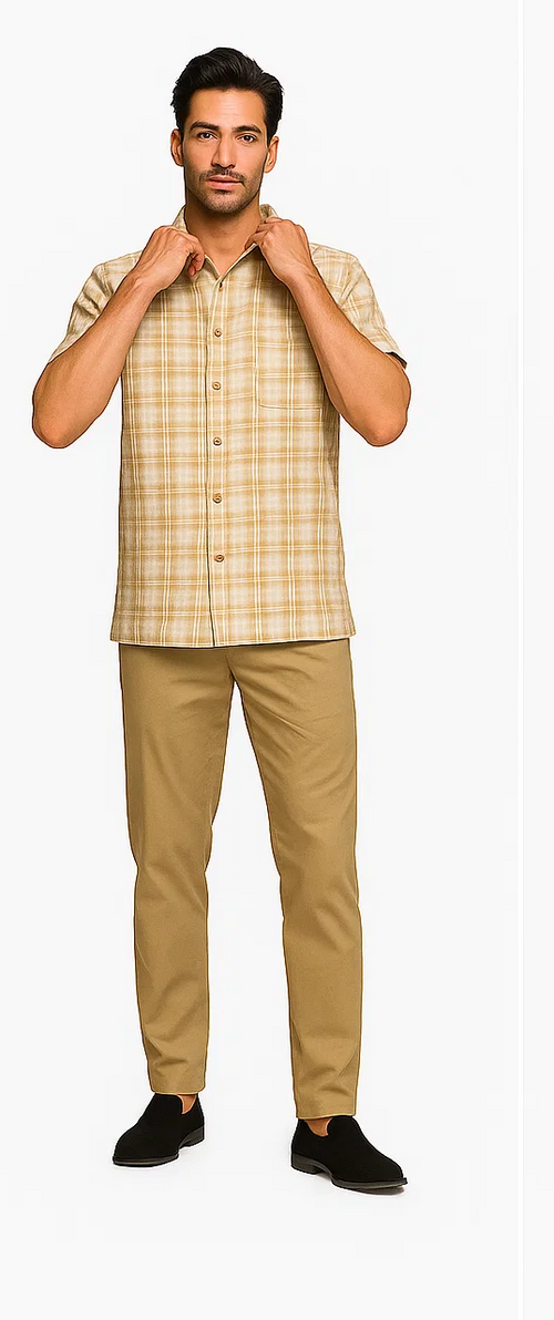 Mens Textured Plaid Walking Suit in Tan/cream by Dreams by Zacchi â€“ 2 Piece Leisure Outfit with Matching Shirt and Pants - $99