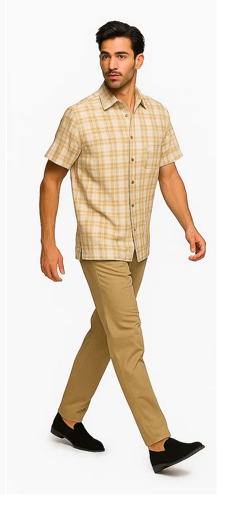 Mens Textured Plaid Walking Suit in Tan/cream by Dreams by Zacchi â€“ 2 Piece Leisure Outfit with Matching Shirt and Pants - $99