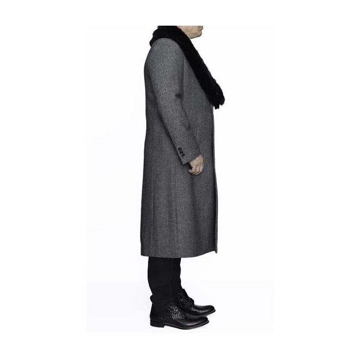 Mens Topcoat Mens Dress Coat Removable Fur Collar Full Length Wool Herringbone Grey coat