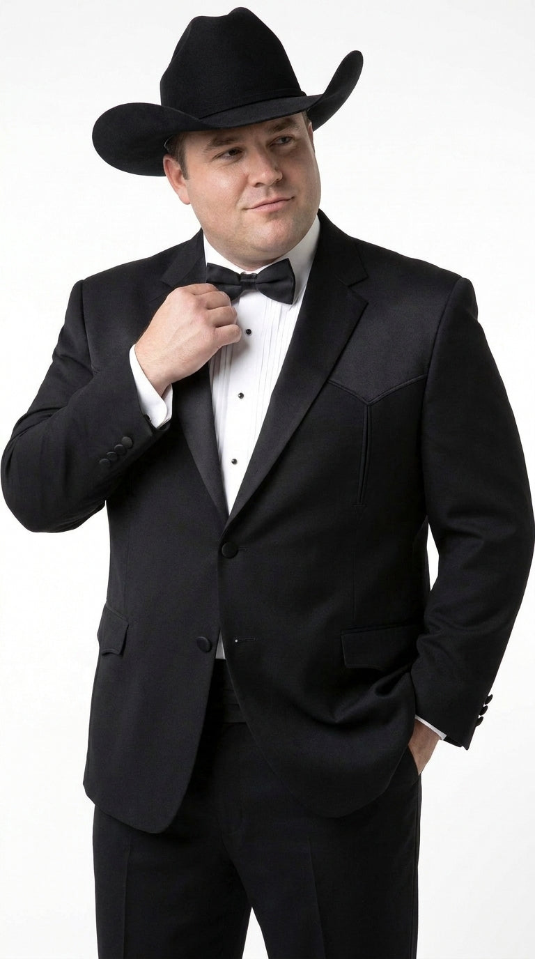 Mens Traditional Black Western Tuxedo Suit – 2 Piece Cowboy Formal Suit with Western Yoke Sport Coat & Matching Black Pants