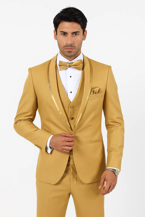 Mens Formal Champagne Tuxedo Satin Shawl Collar Vested Suit for Prom and Weddings in Gold Color