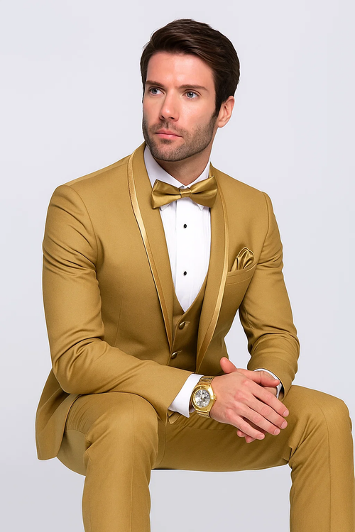 Mens Formal Champagne Tuxedo Satin Shawl Collar Vested Suit for Prom and Weddings in Gold Color