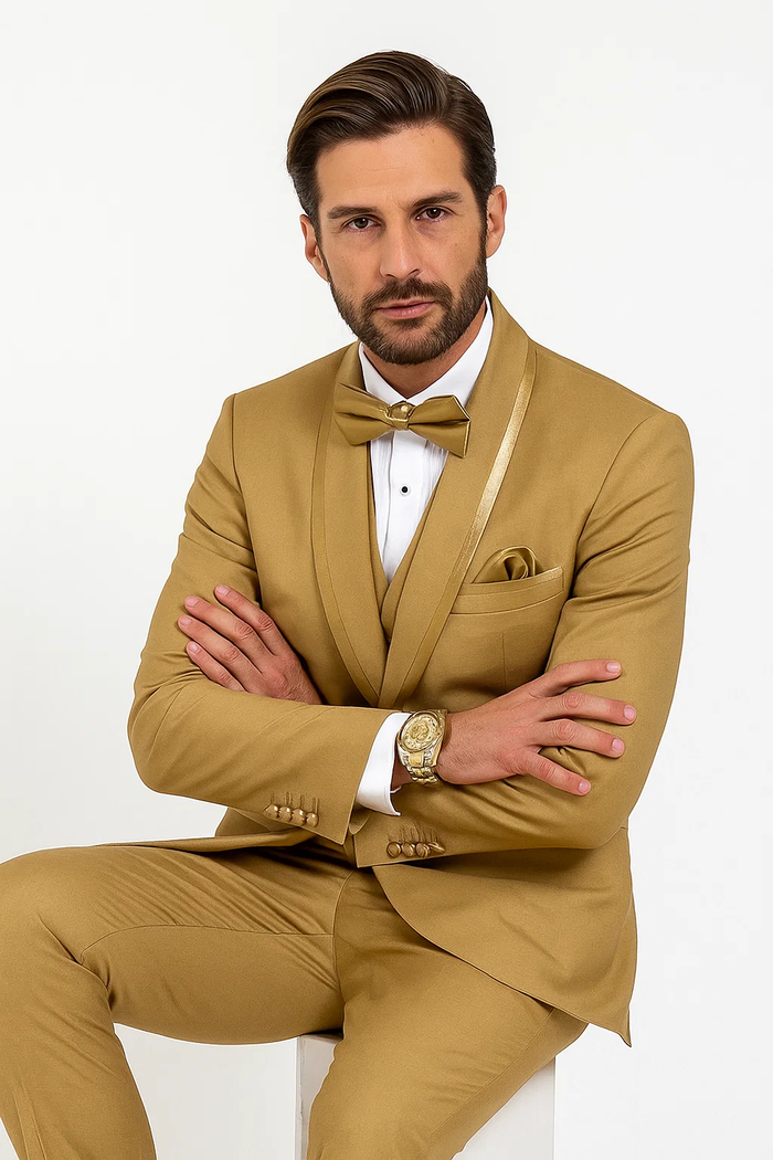 Mens Formal Champagne Tuxedo Satin Shawl Collar Vested Suit for Prom and Weddings in Gold Color