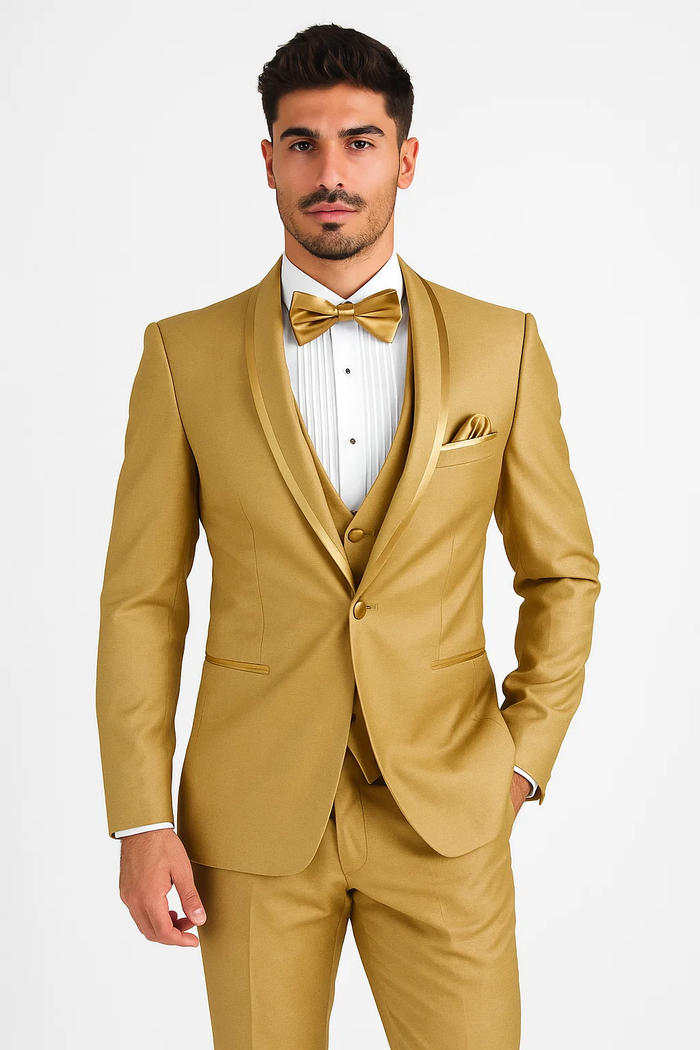 Mens Formal Champagne Tuxedo Satin Shawl Collar Vested Suit for Prom and Weddings in Gold Color
