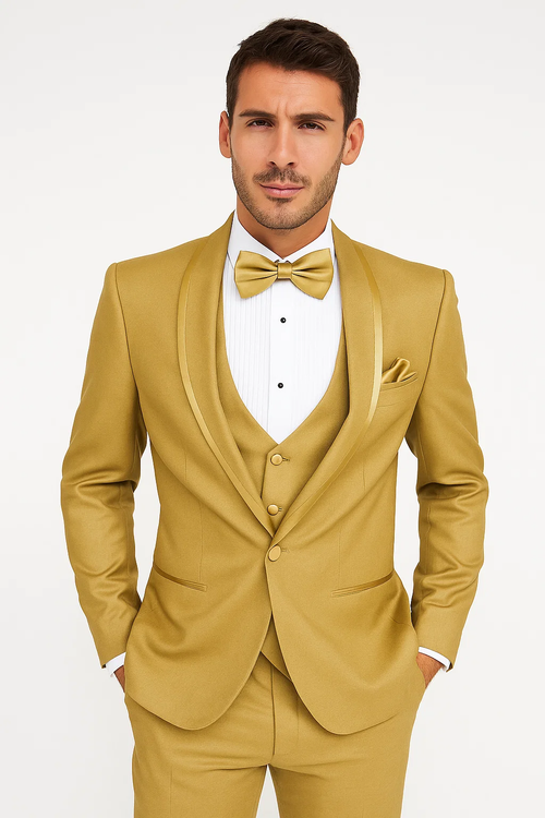 Mens Formal Champagne Tuxedo Satin Shawl Collar Vested Suit for Prom and Weddings in Gold Color