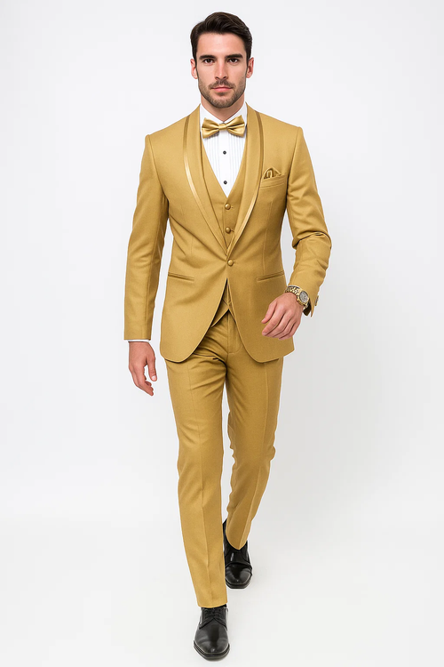 Mens Formal Champagne Tuxedo Satin Shawl Collar Vested Suit for Prom and Weddings in Gold Color