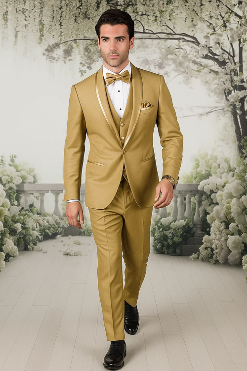 Mens Formal Champagne Tuxedo Satin Shawl Collar Vested Suit for Prom and Weddings in Gold Color