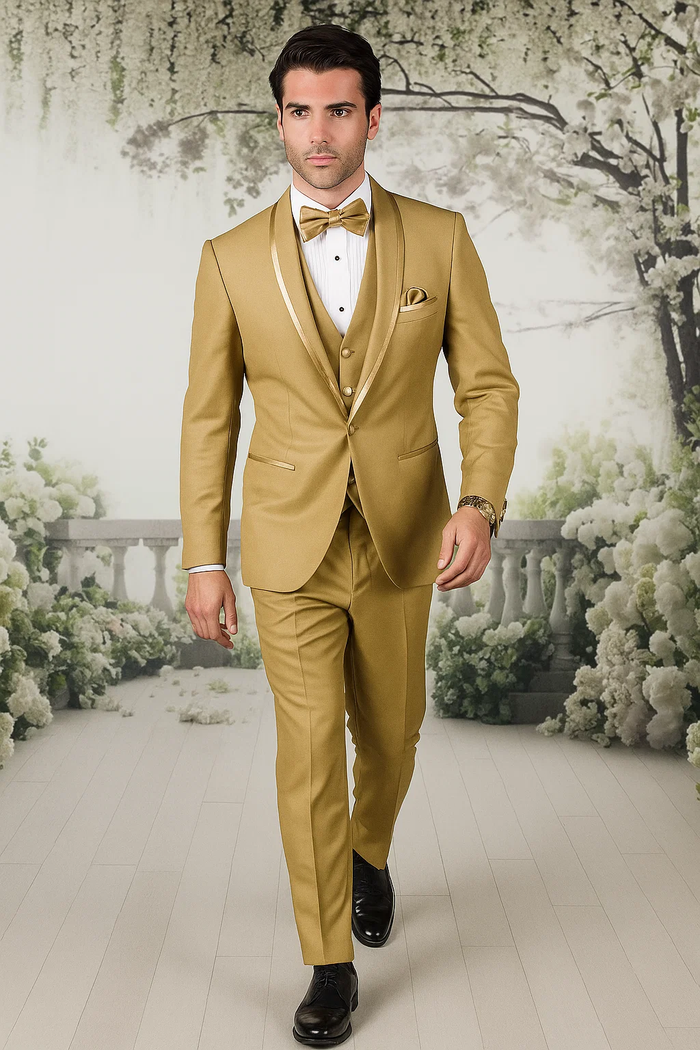 Mens Formal Champagne Tuxedo Satin Shawl Collar Vested Suit for Prom and Weddings in Gold Color