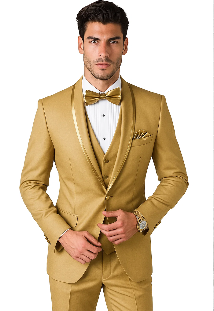 Mens Formal Champagne Tuxedo Satin Shawl Collar Vested Suit for Prom and Weddings in Gold Color