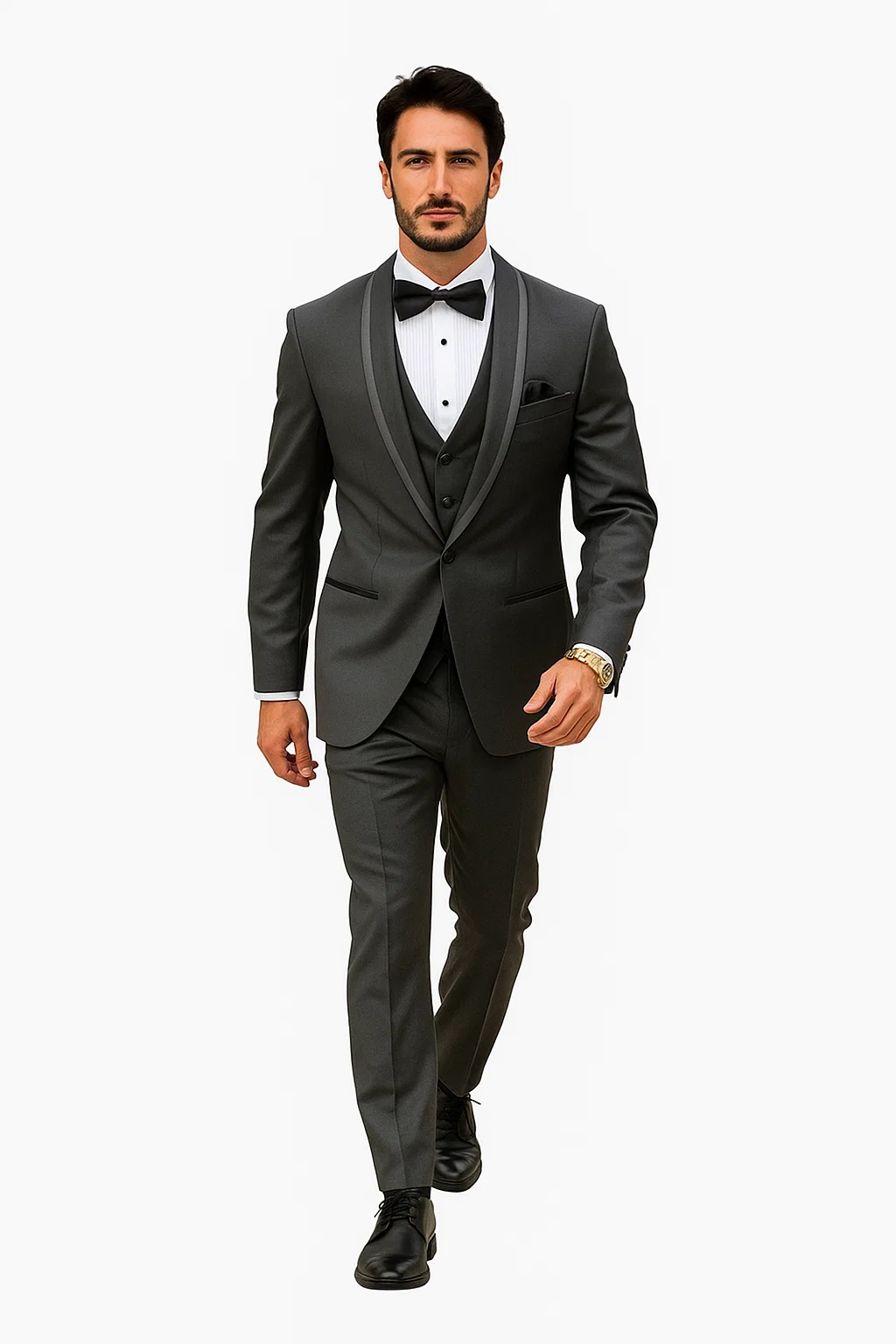 Classic Men’s Vested Tuxedo in Charcoal – Satin Shawl Collar for Formal Events - 36 Short