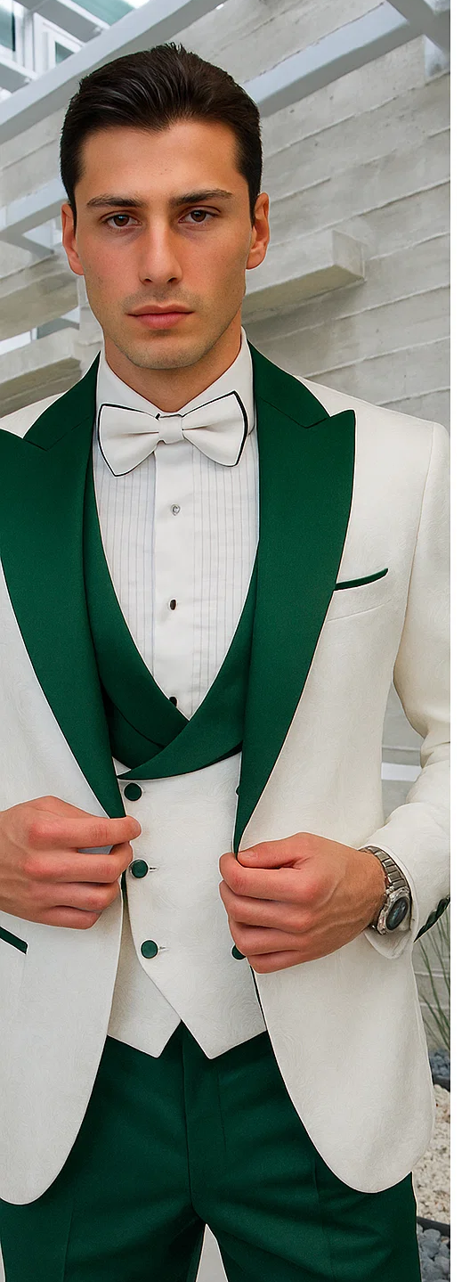 Men’s Contrast Lapel Tuxedo in White Paisley & Hunter Green – Wedding & Prom Ready - 36 Short