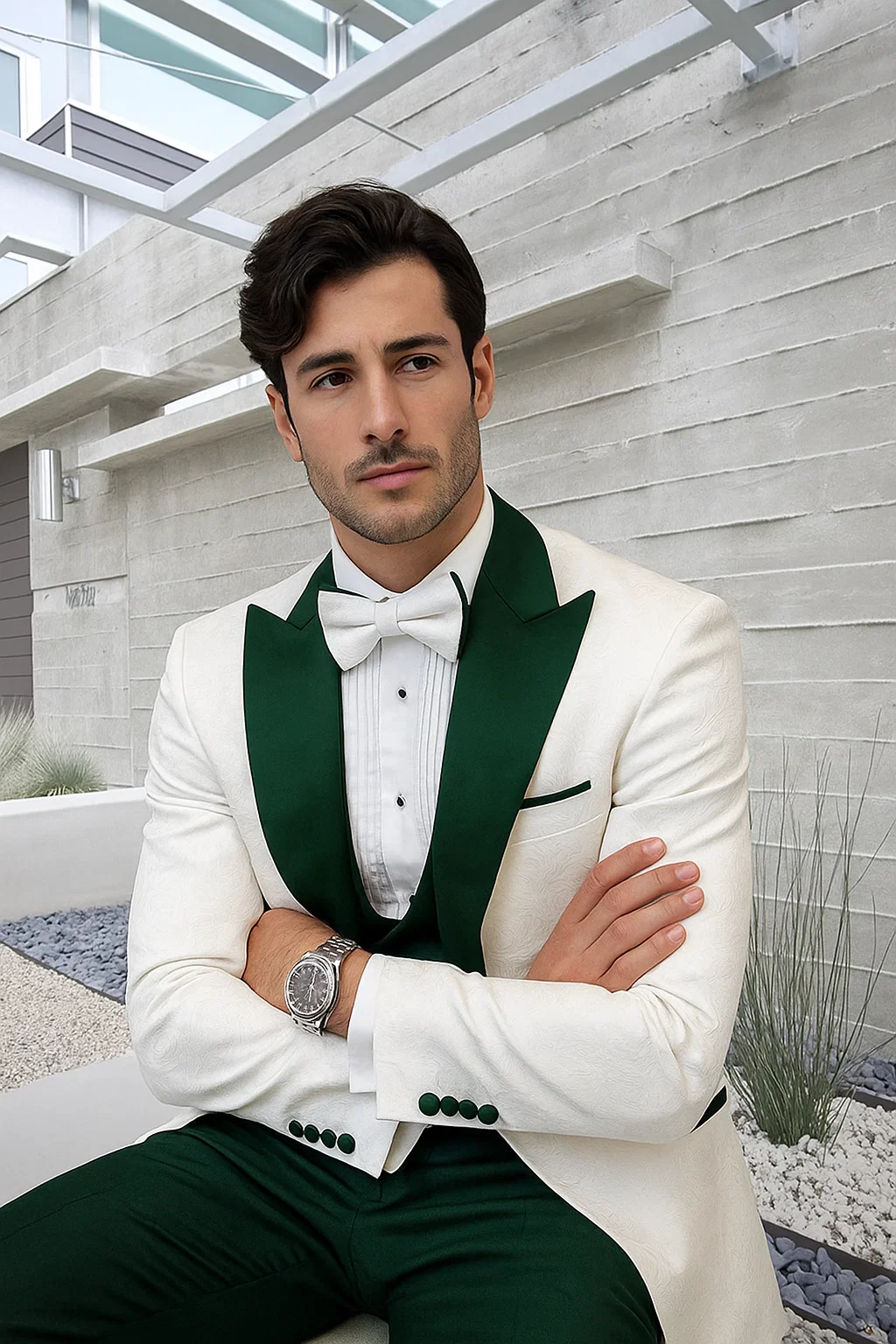 Men’s Contrast Lapel Tuxedo in White Paisley & Hunter Green – Wedding & Prom Ready - 36 Short
