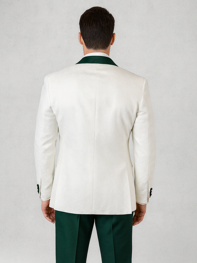 Men’s Contrast Lapel Tuxedo in White Paisley & Hunter Green – Wedding & Prom Ready - 36 Short