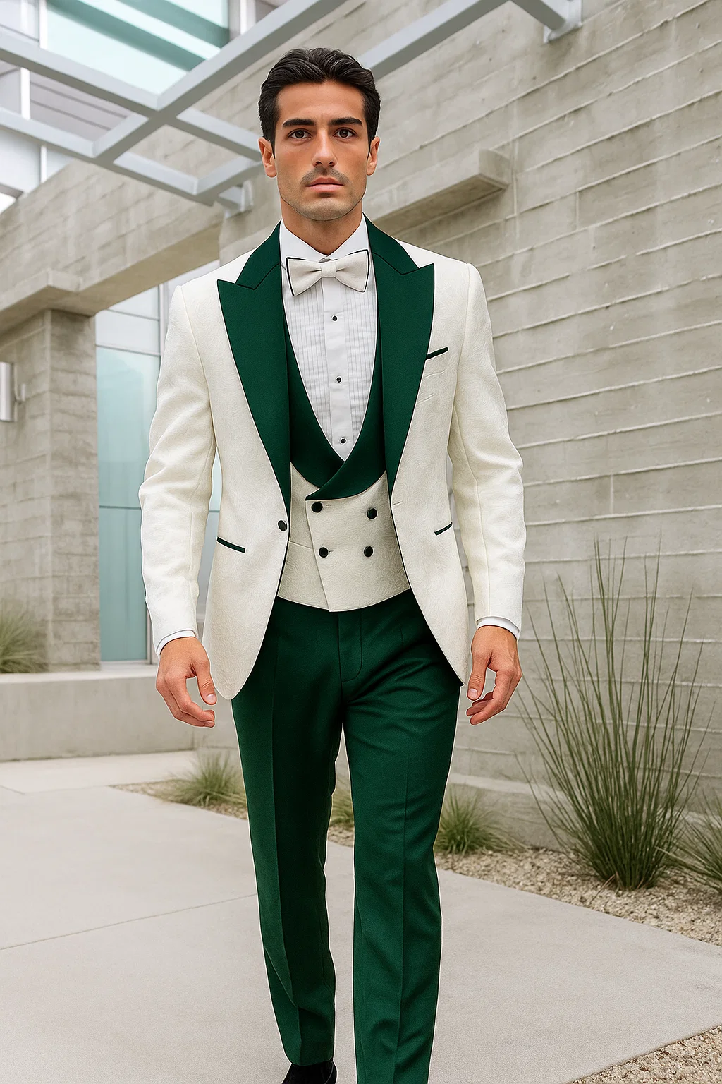 Men’s Contrast Lapel Tuxedo in White Paisley & Hunter Green – Wedding & Prom Ready - 36 Short