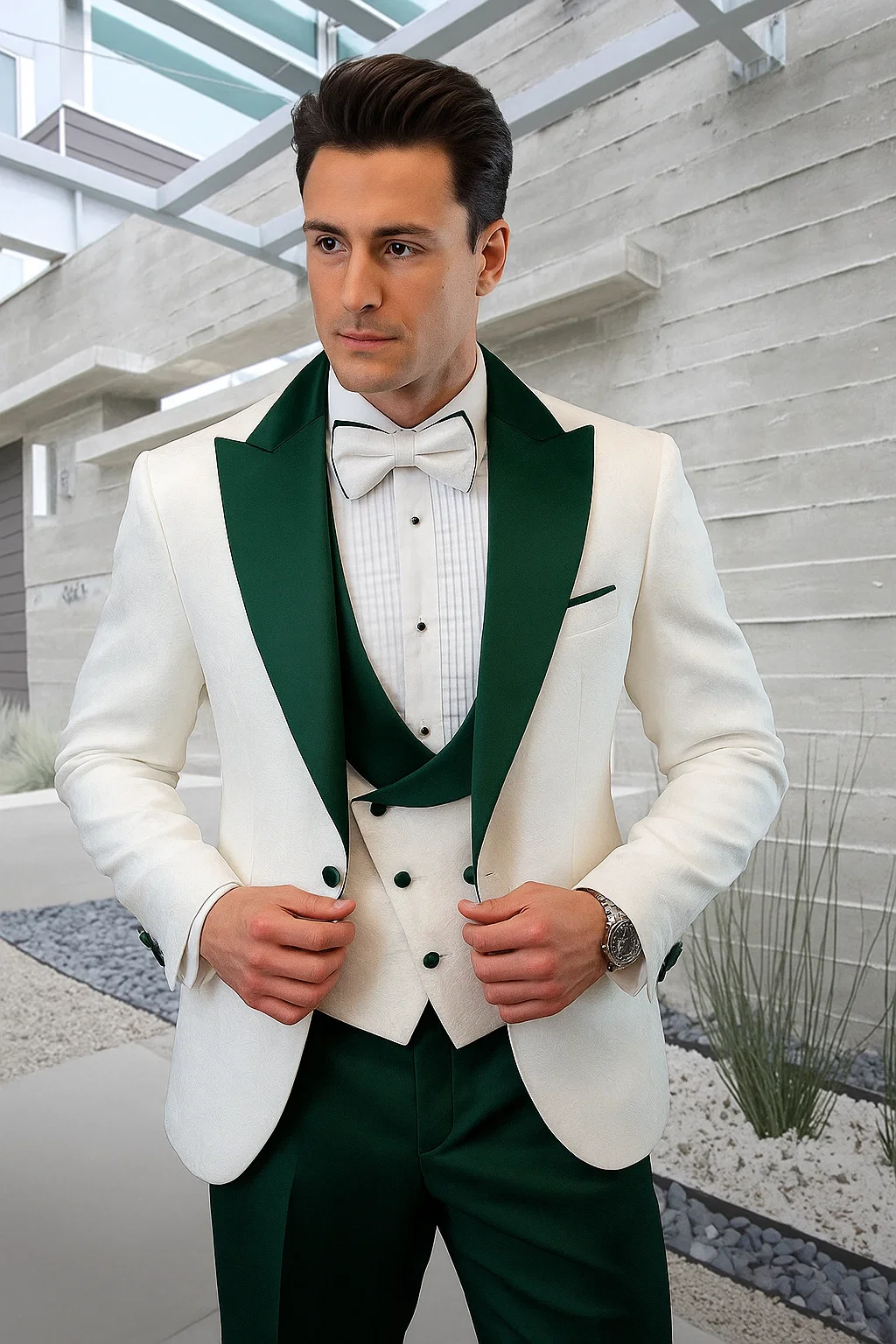 Men’s Contrast Lapel Tuxedo in White Paisley & Hunter Green – Wedding & Prom Ready - 36 Short